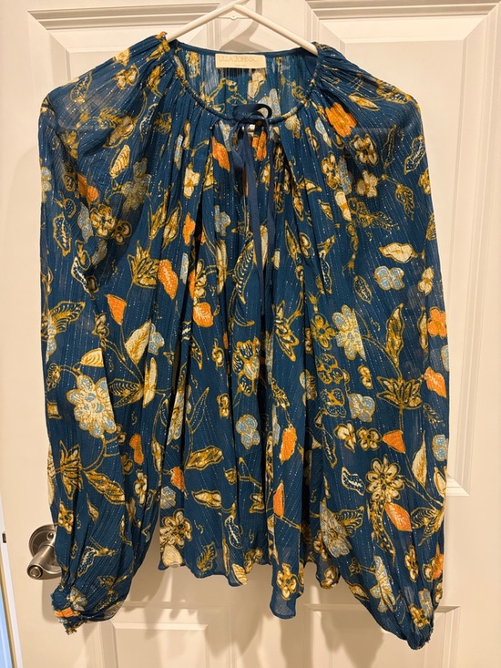Ulla Johnson Tops - Ulla Johnson Blue Floral Peasant Blouse with Yellow and Orange Accents